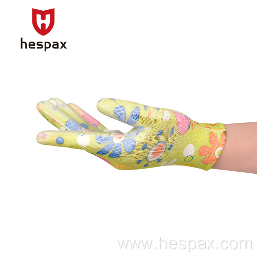 Hespax Anti-static Flower Print Pu Anti-slip Women Gloves